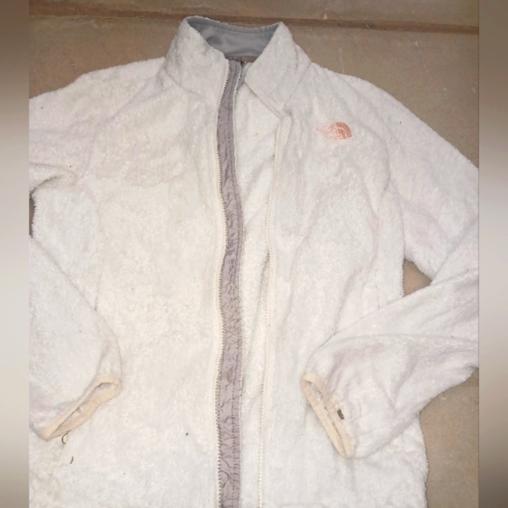 THE NORTH FACE LADIES WOMENS MEDIUM MED M WHITE FURRY JACKET COAT PINK ACCENTS
